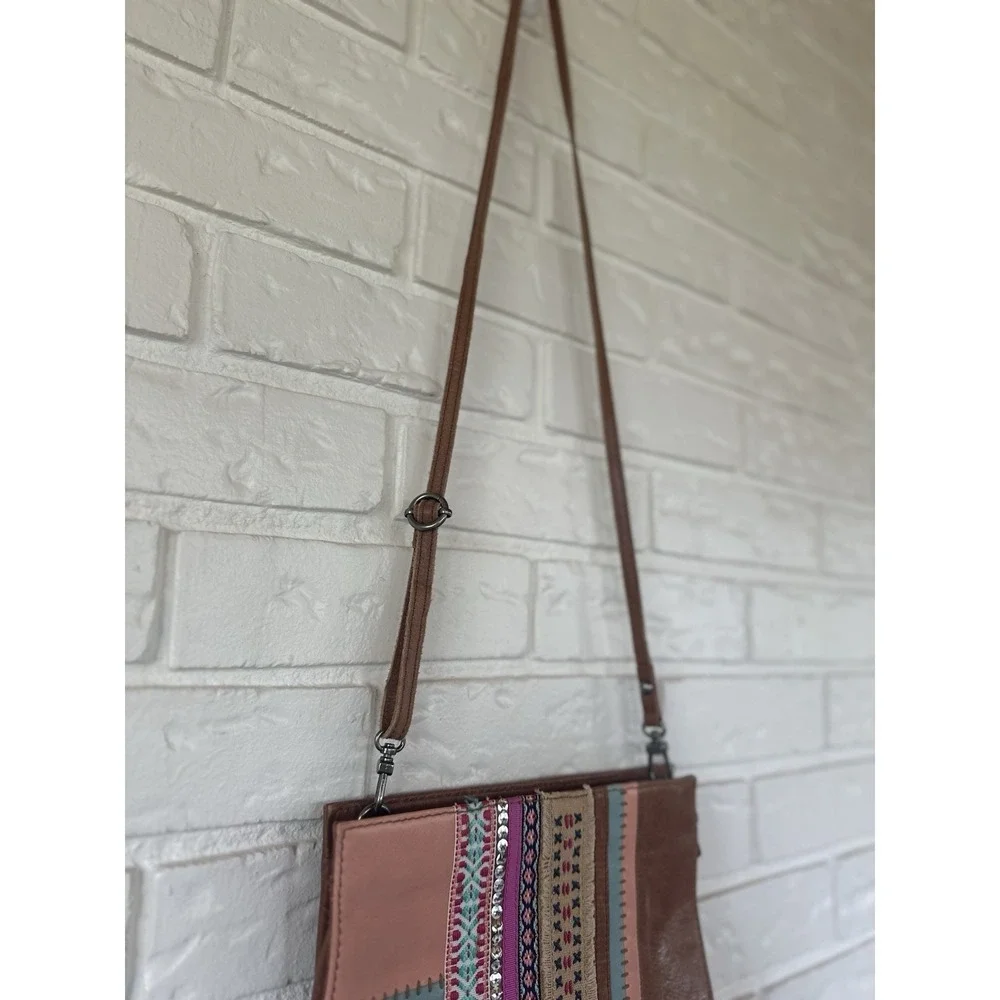 The‎ Sak Cognac/Multicolor Leather Patchwork Crossbody Zip Bag